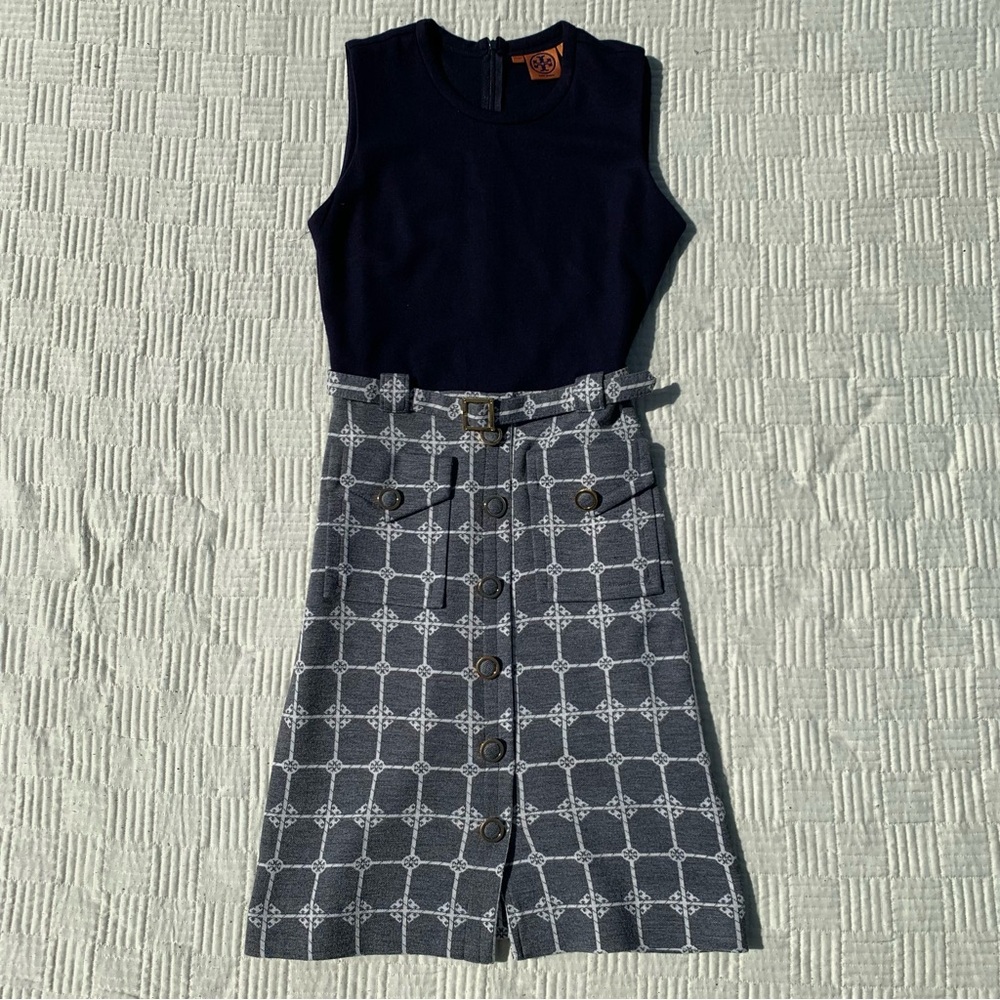 Tory Burch Navy Sleeveless Dress with Gray Patterned Skirt Size Small